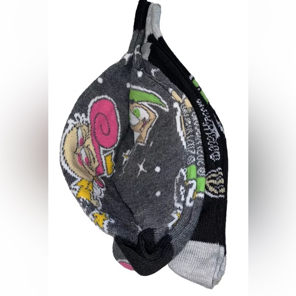 The Fairly Odd Parents! Crew Socks 2 Pair Men 6-12 Black Gray w Cosmo Wanda Nick - Picture 9 of 12